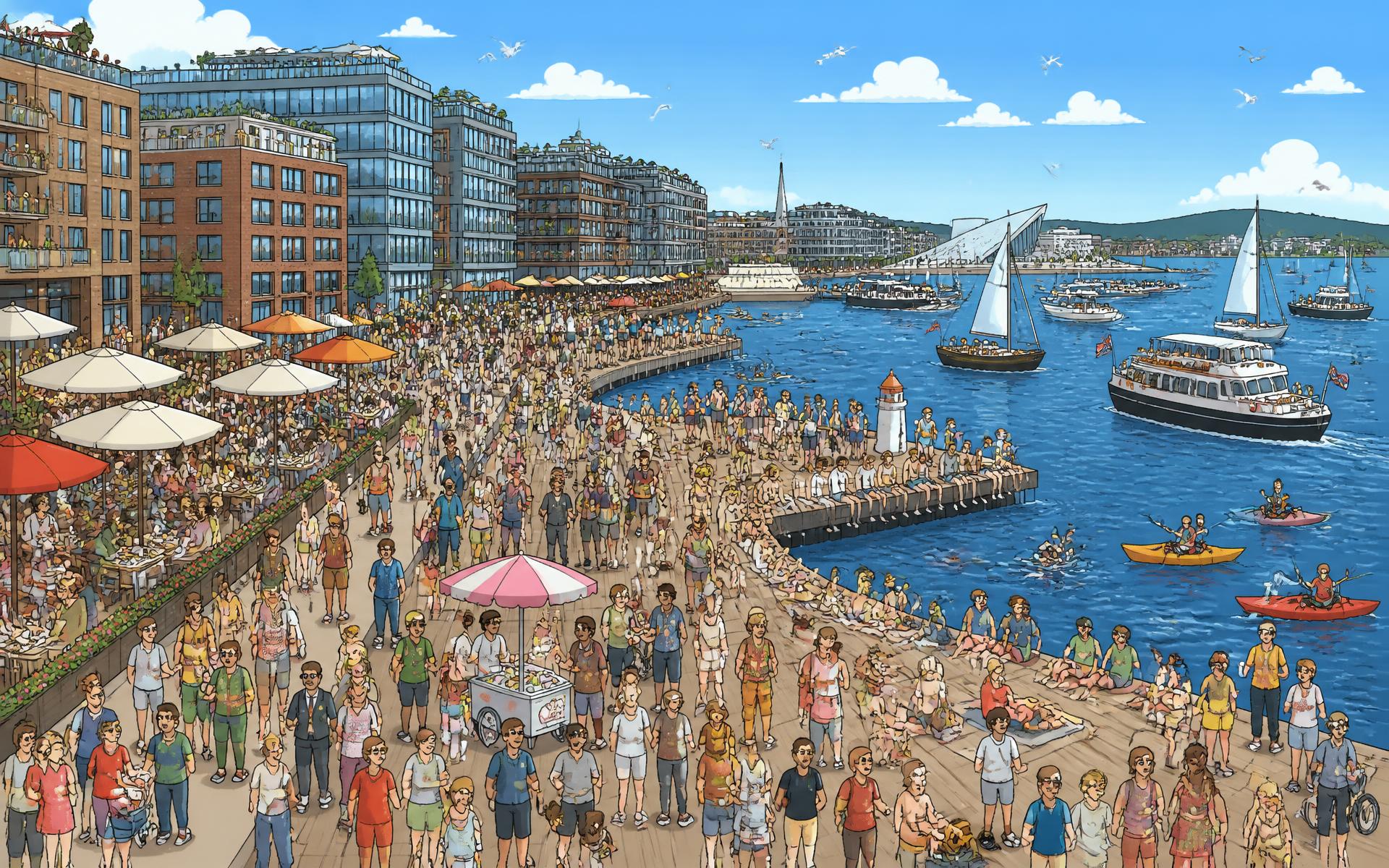 Fargerik tegning av folkelivet på Aker Brygge om sommeren